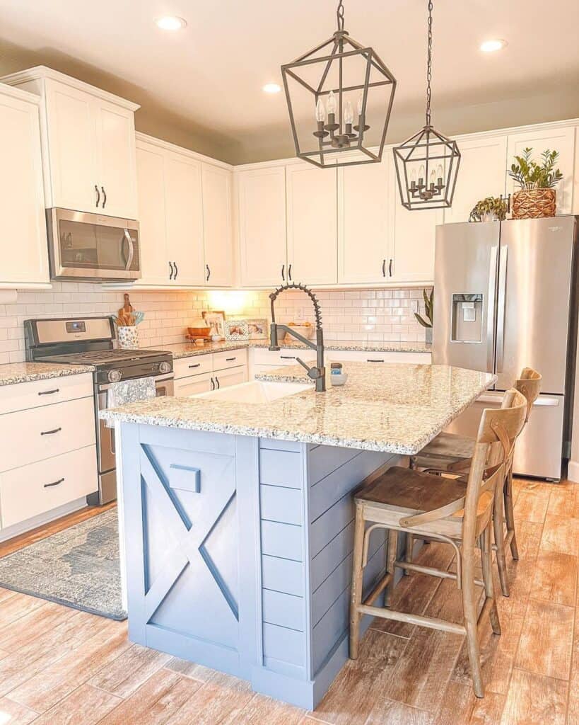 Grey Counters on Blue Shiplap Kitchen Island