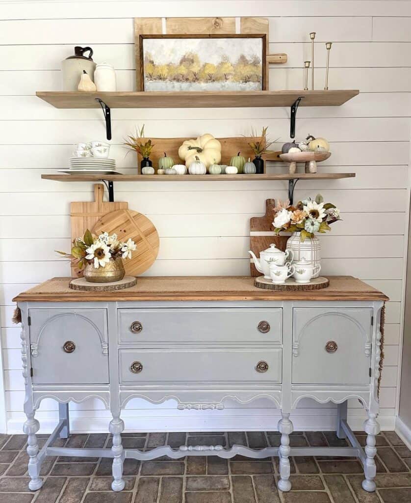 Grey Farmhouse Sideboard Buffet with Wood Top