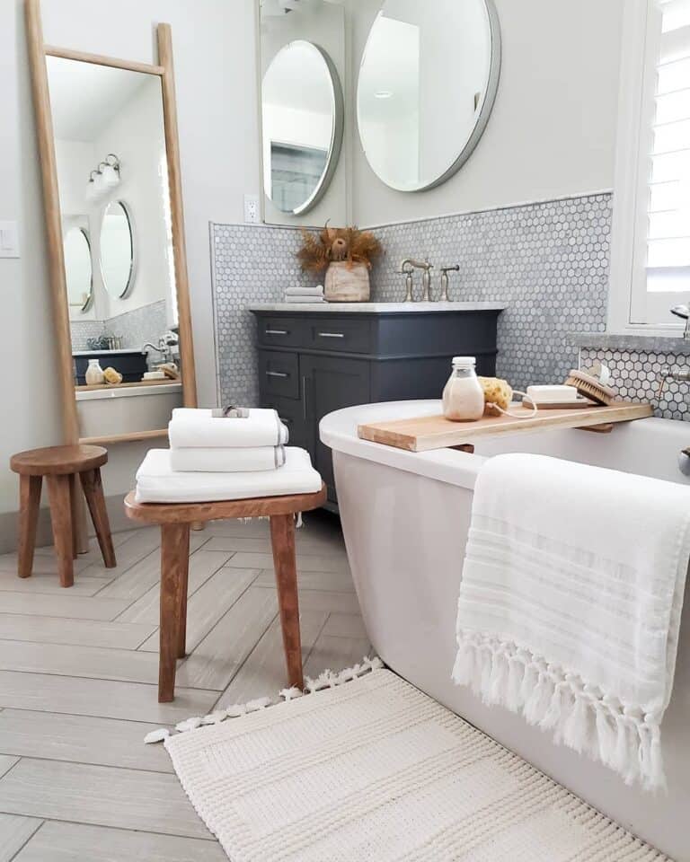 Grey Hexagon Tile Backsplash with Silver Edging
