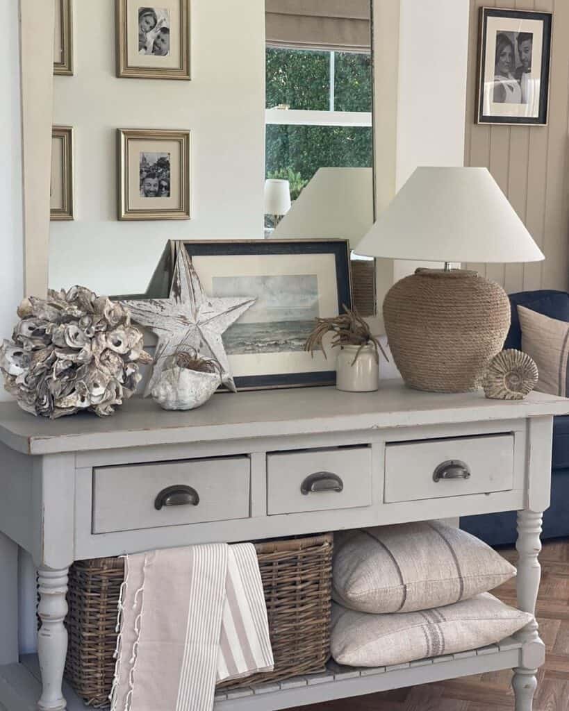 Grey Sideboard with Beige Rectangular mirror