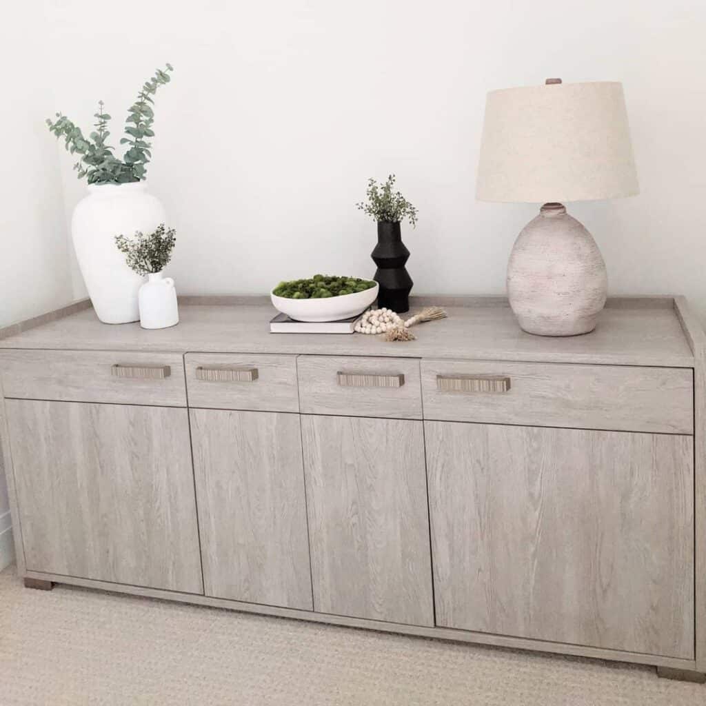 Grey Wood Sideboard with Table Lamp