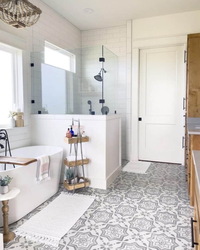 Half Wall Shower and Freestanding Bathtub