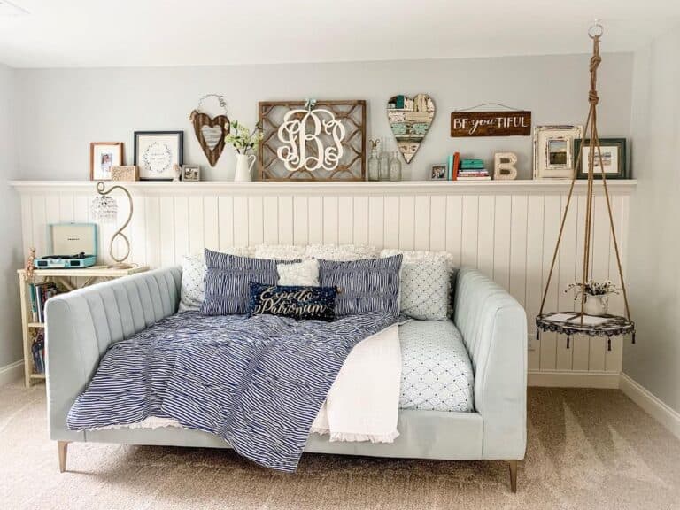 Hanging Side Table and Light Blue Bed