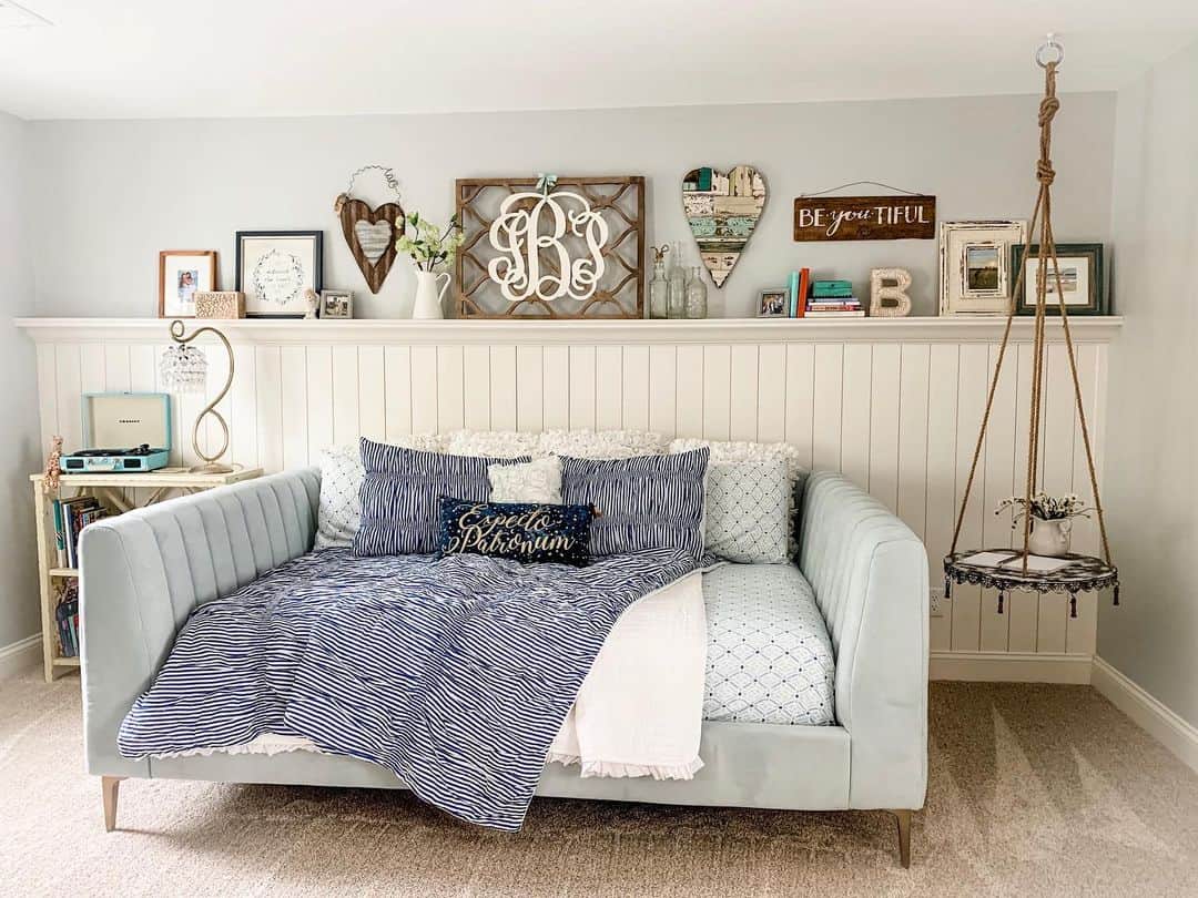 Hanging Side Table and Light Blue Bed Soul & Lane