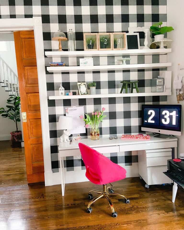 Hot Pink Chair and a Modern White Desk With Drawers