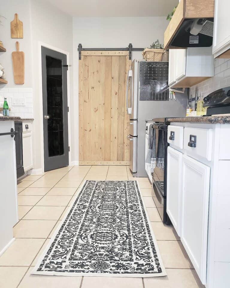 Intricate Black and White Kitchen Runner Mat