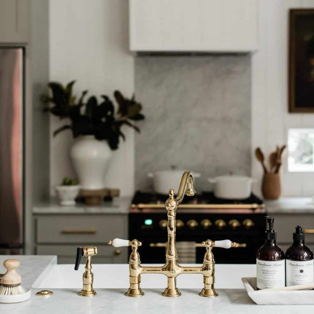 Kitchen Island with Gold Kitchen Faucets