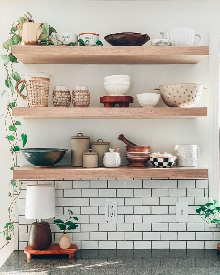 Kitchen with White Oak Floating Shelves and Potted Plants