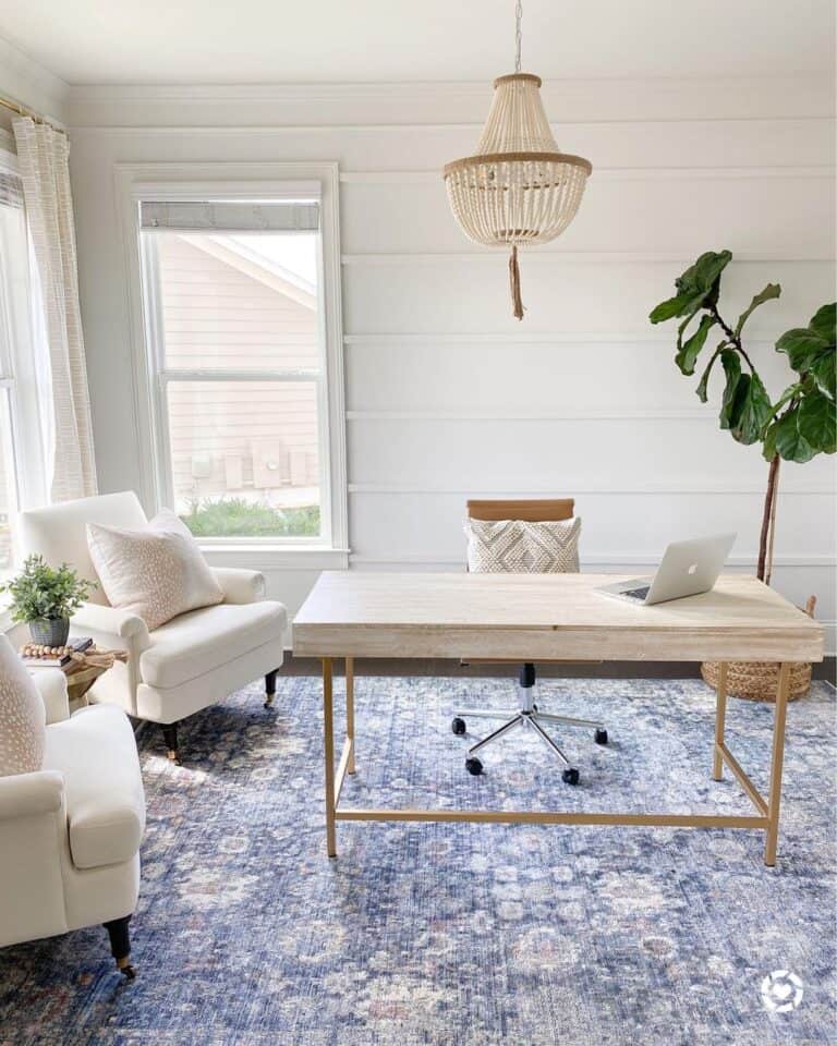 Large Blue Home Office Area Rug and Reverse Shiplap Walls