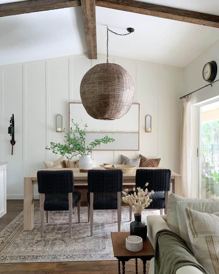 Large Brown Spherical Rattan Hanging Lamp in a Dining Room