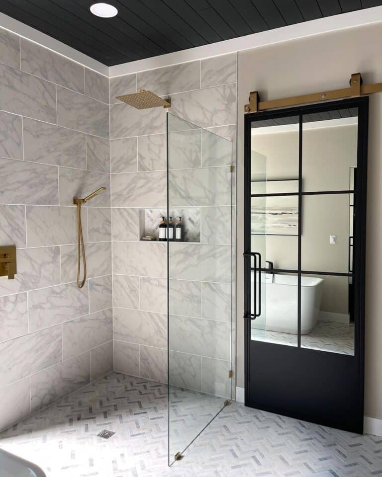 Large Grey Tiles for Shower Walls and a Herringbone Floor