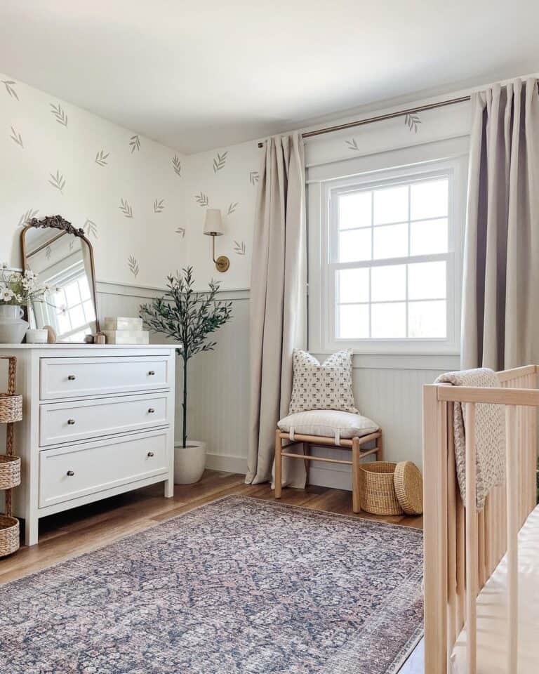 Leaf Wallpaper Wall Accented with Ivory Linen Curtains