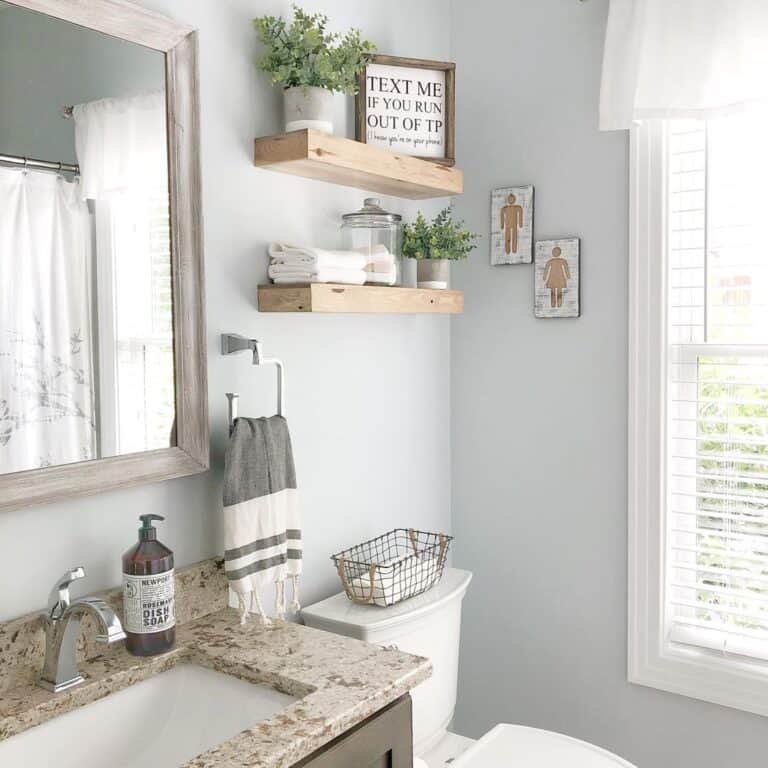 Light Blue Bathroom and Wood Shelves