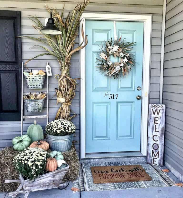 Light Blue Front Door with Fall Decor