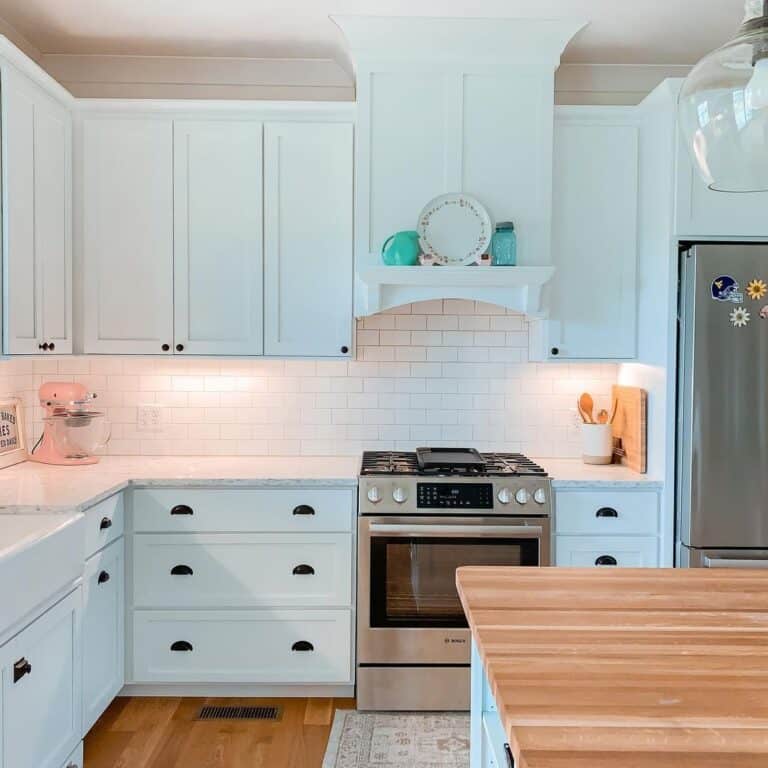 Light Blue Shaker Cabinets with Flat Crown Molding