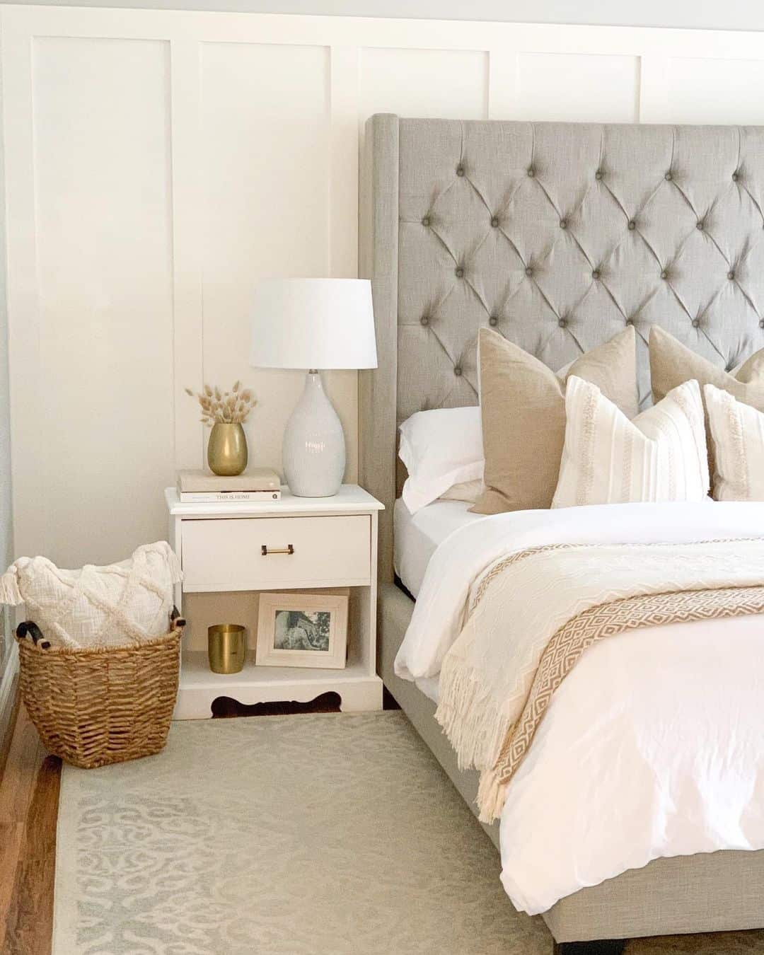 Light Gray Tufted Headboard in Neutral Bedroom Soul & Lane