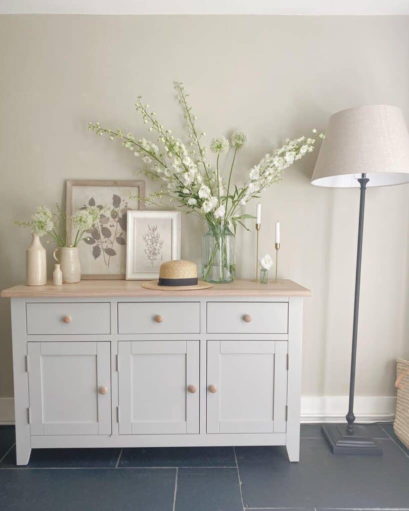 Light Wood and Grey Sideboard with Floor Lamp