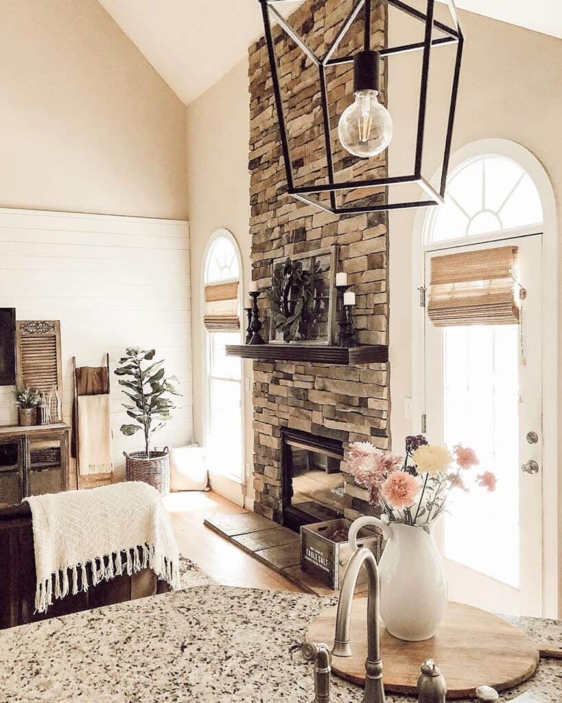 Living Room With Vaulted Ceiling and Fireplace