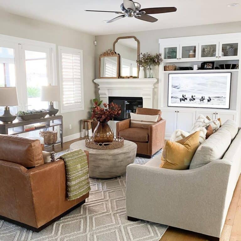 Living Room with Brown Leather Chairs