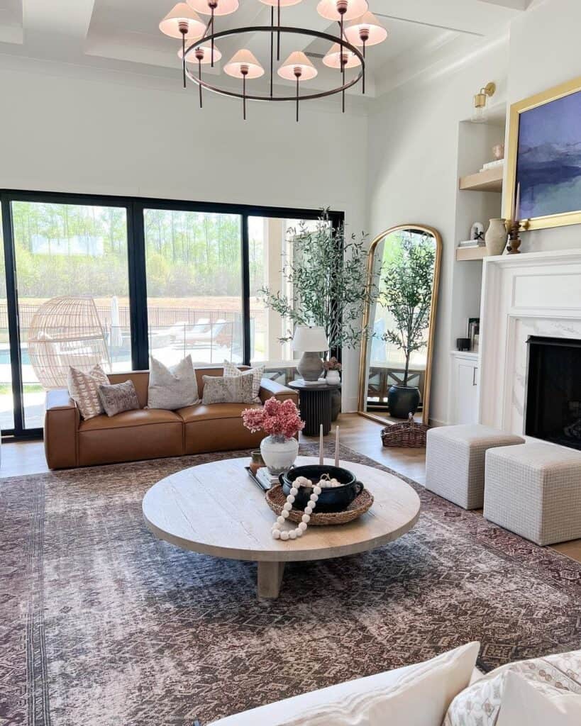 Living Room with Brown Leather Sofa