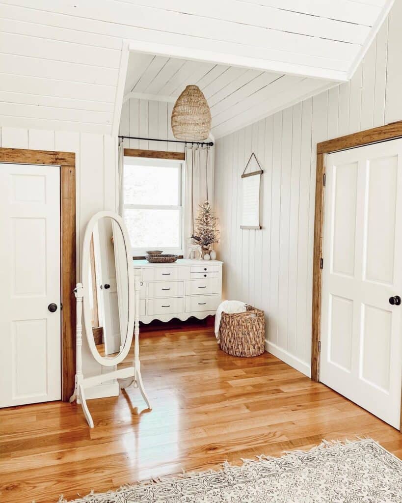 Loosely Woven Rattan Hanging Light in White Bedroom