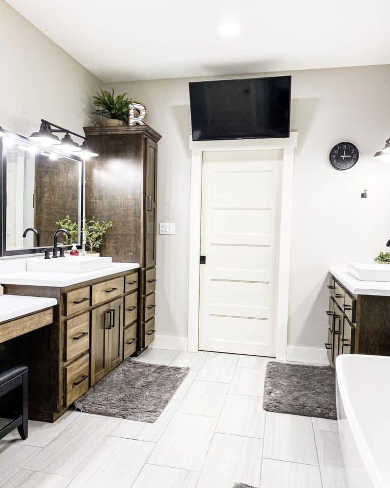 Matching Wood Vanities and Linen Cabinet