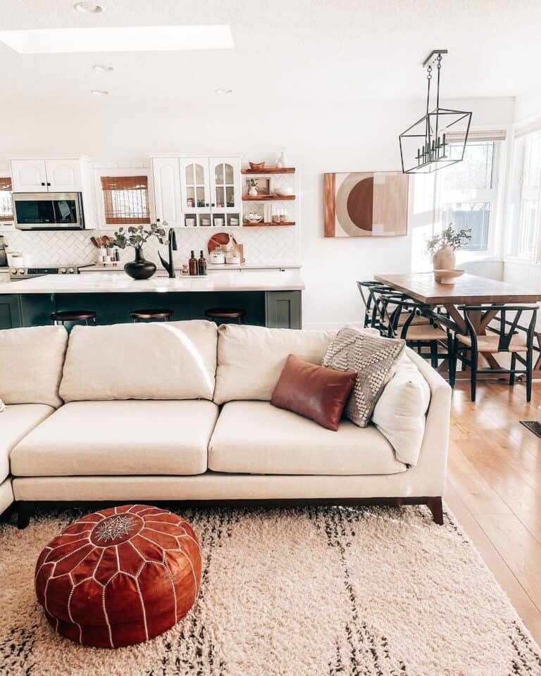 Mid-Century Modern Beige Couch with Leather Throw Pillow