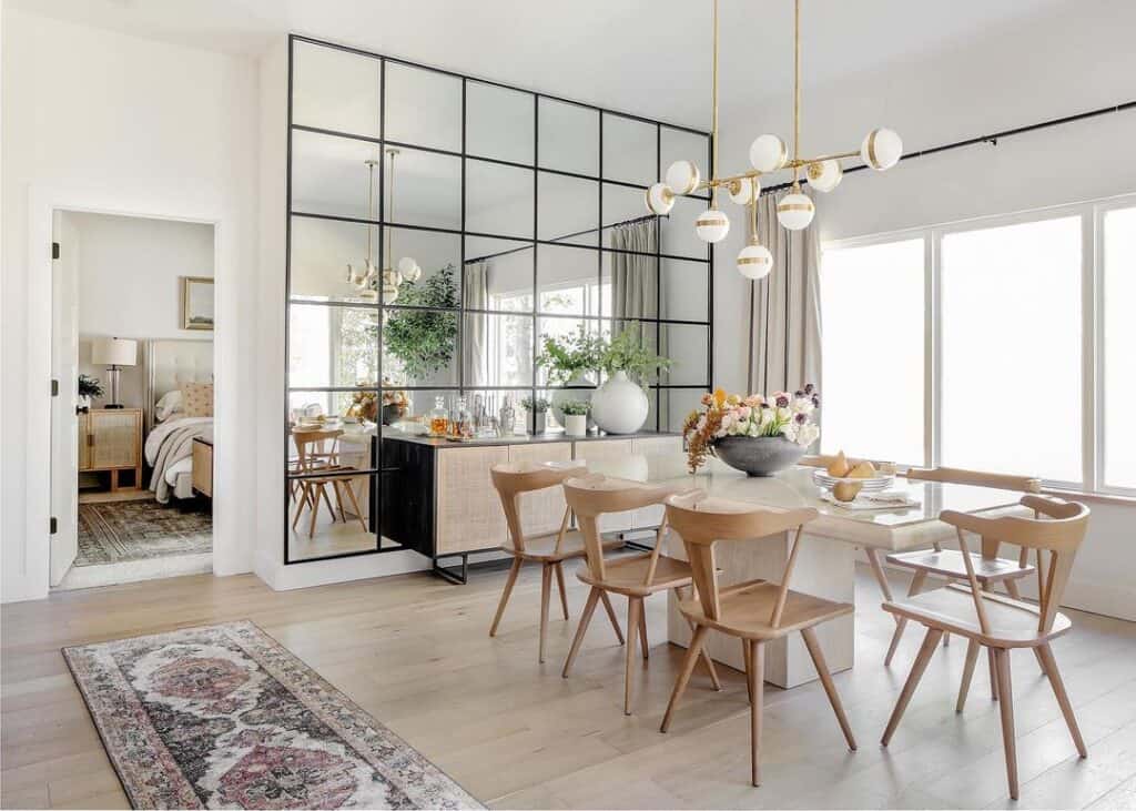 Mirrored Grid Wall and Wood Dining Table