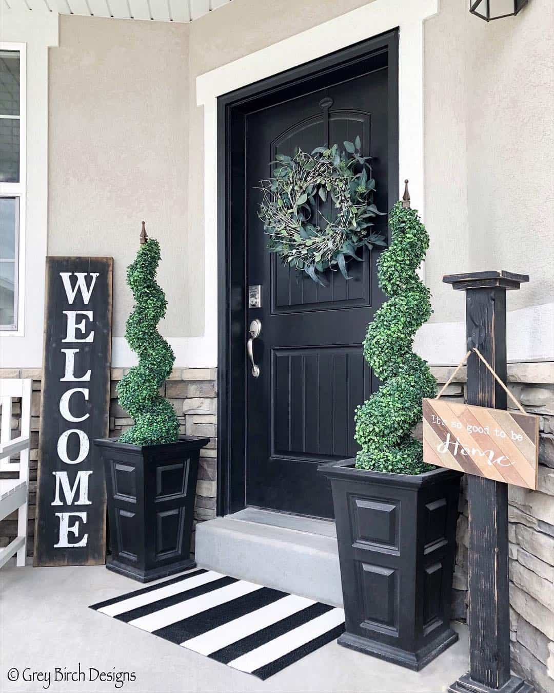 Modern Black Front Door with Matching Black Planters Soul & Lane