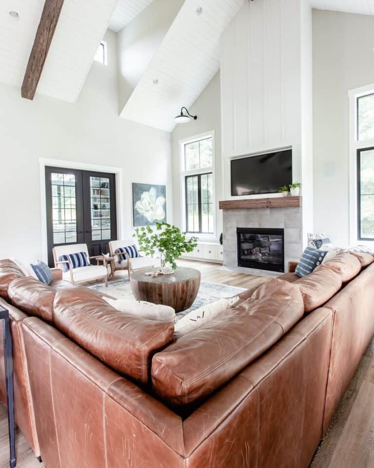 Modern Farmhouse Living Room with Shiplap Vaulted Ceiling