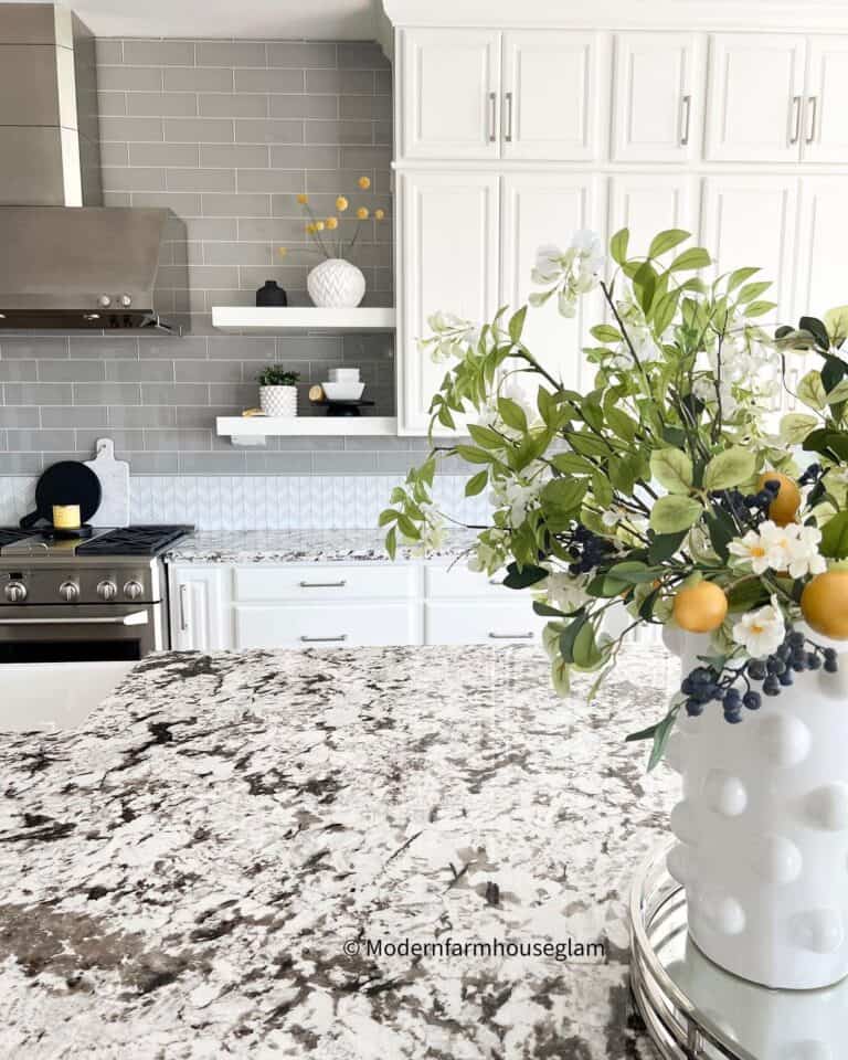 Modern Gray and White Kitchen with Hints of Yellow