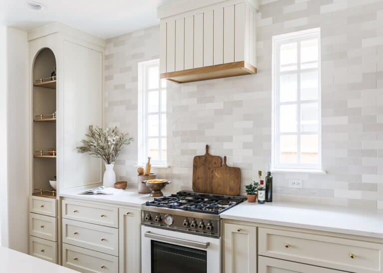 Modern Kitchen with Light Gray Subway Tile Wall