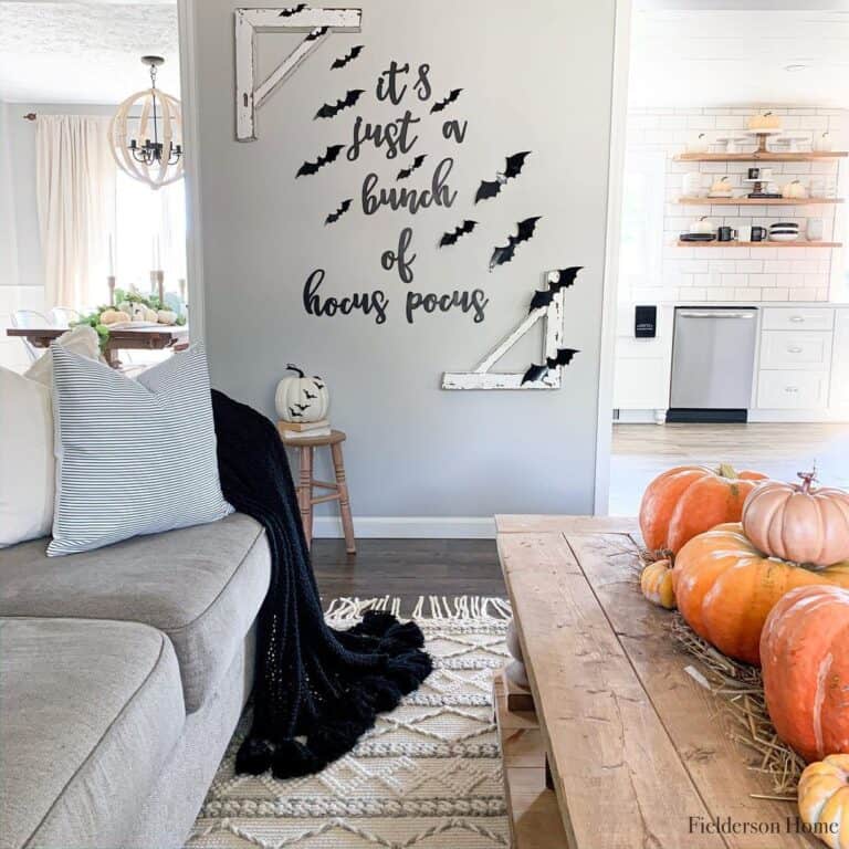 Modern Living Room with Pumpkins and Bats