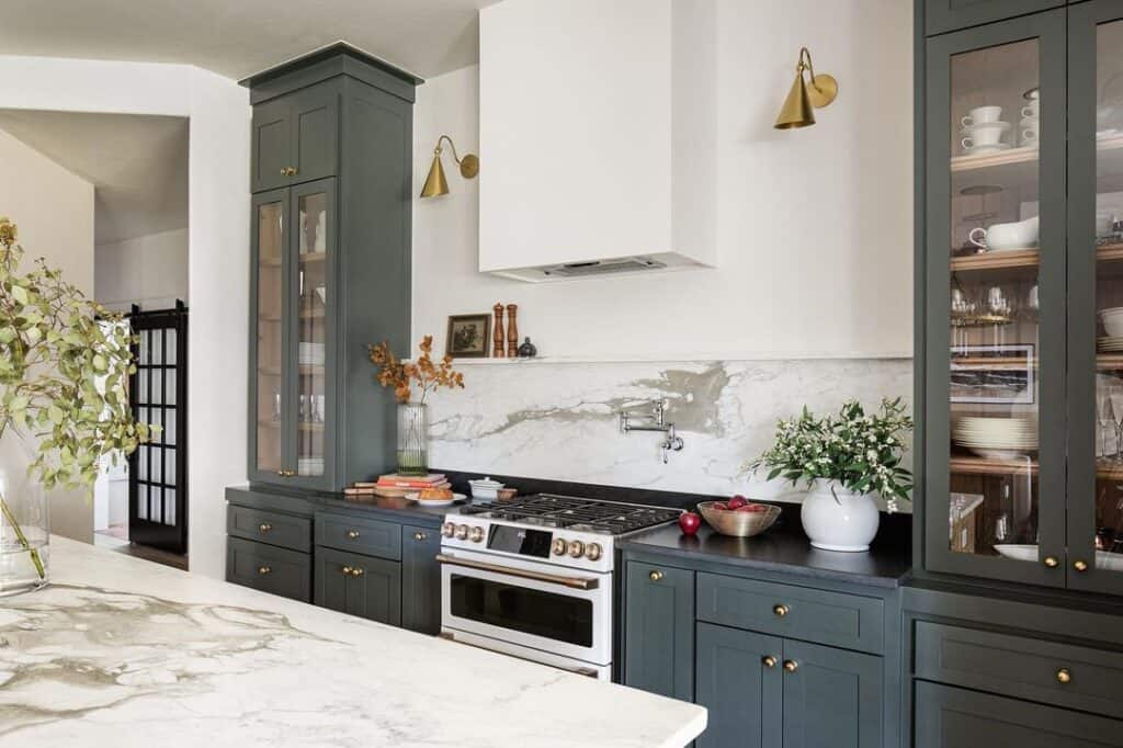Modern Stormy Blue Cabinets with Brass Knobs