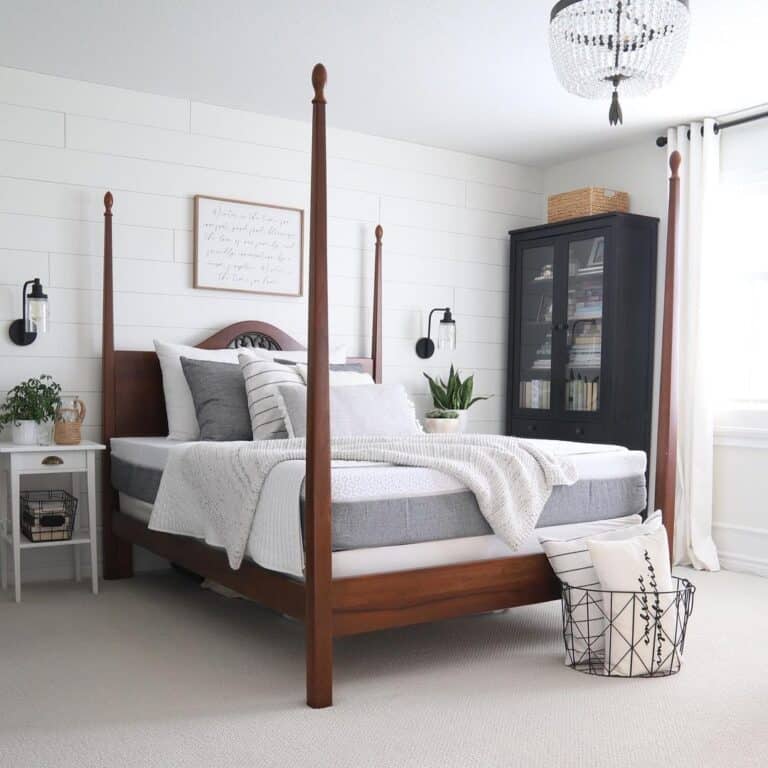 Modern White Bedroom with Wood Four Poster Bed