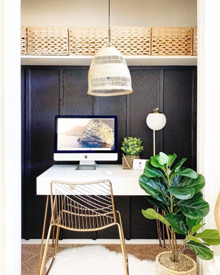 Modern White Desk With Drawers in Spare Closet