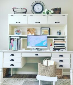 Modern White Desk With a Shelving Unit and Drawers