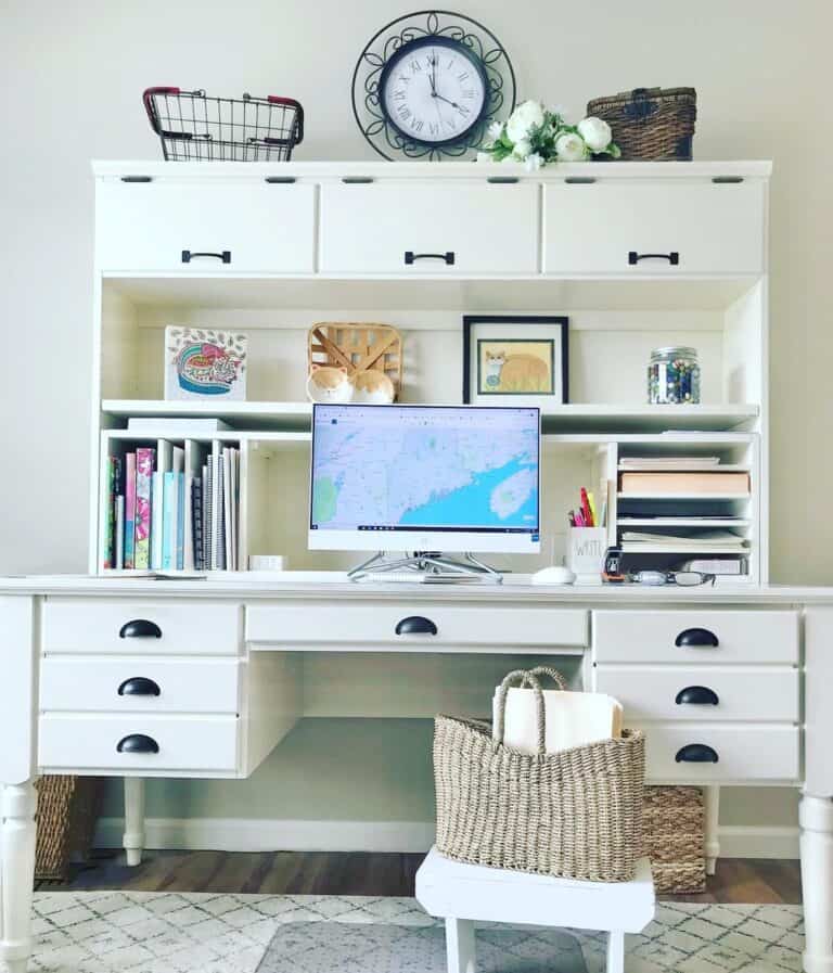 Modern White Desk With a Shelving Unit and Drawers