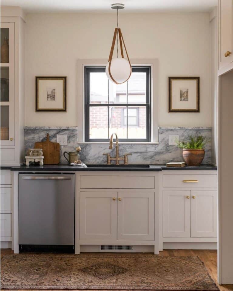 Modern White and Grey Kitchen with Brass Fixtures