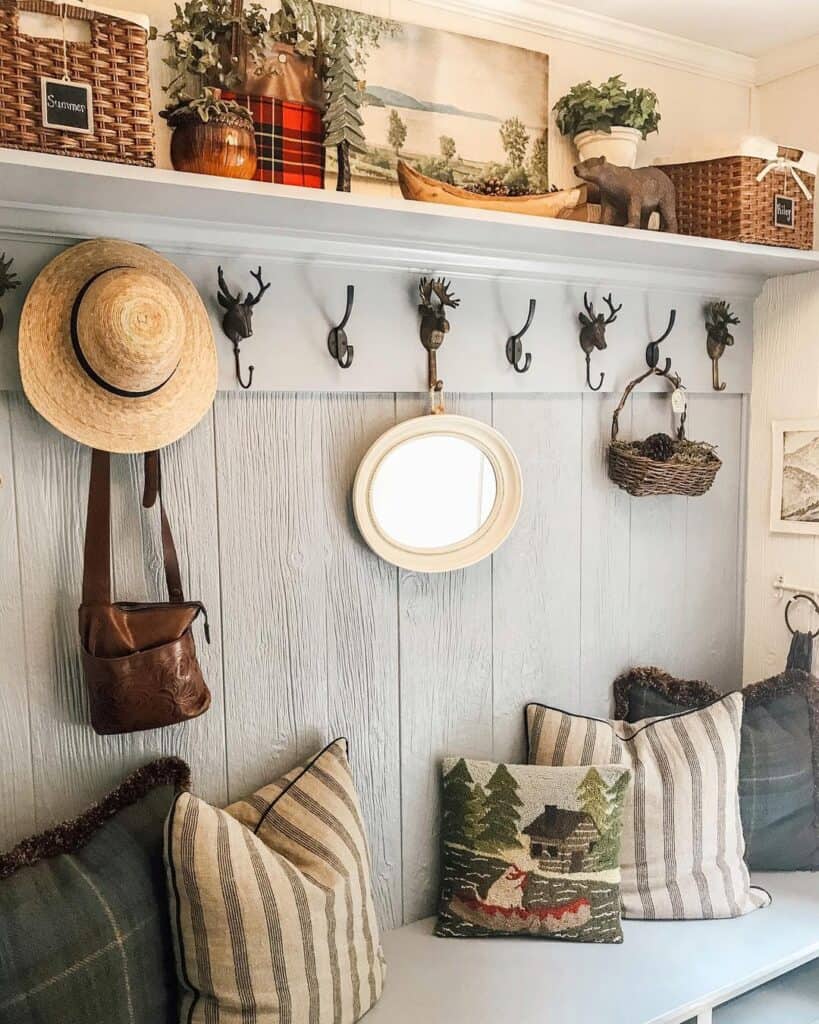 Mudroom with Black Metal Coat Hooks