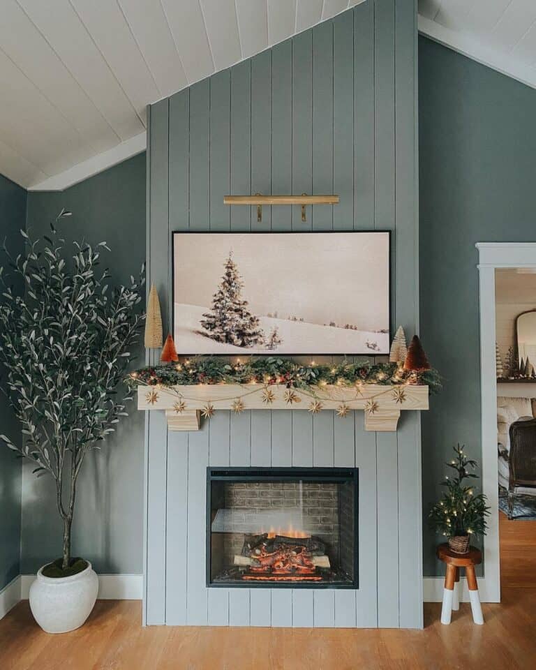 Muted Teal Vertical Shiplap Fireplace