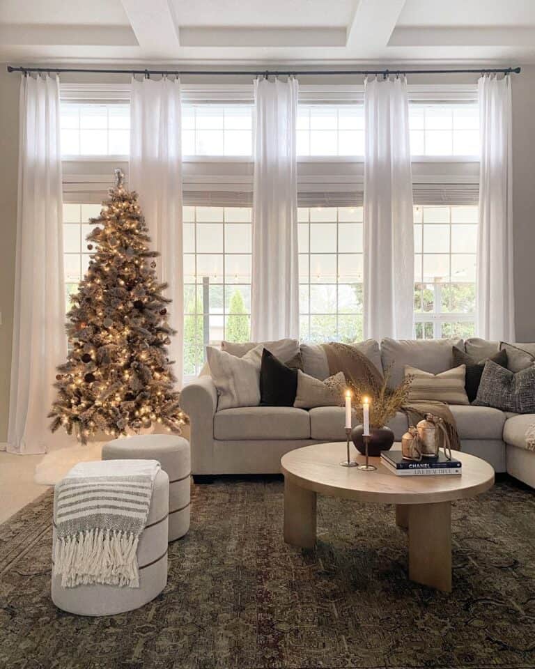 Natural Hued Living Room with Ivory Sheer Curtain