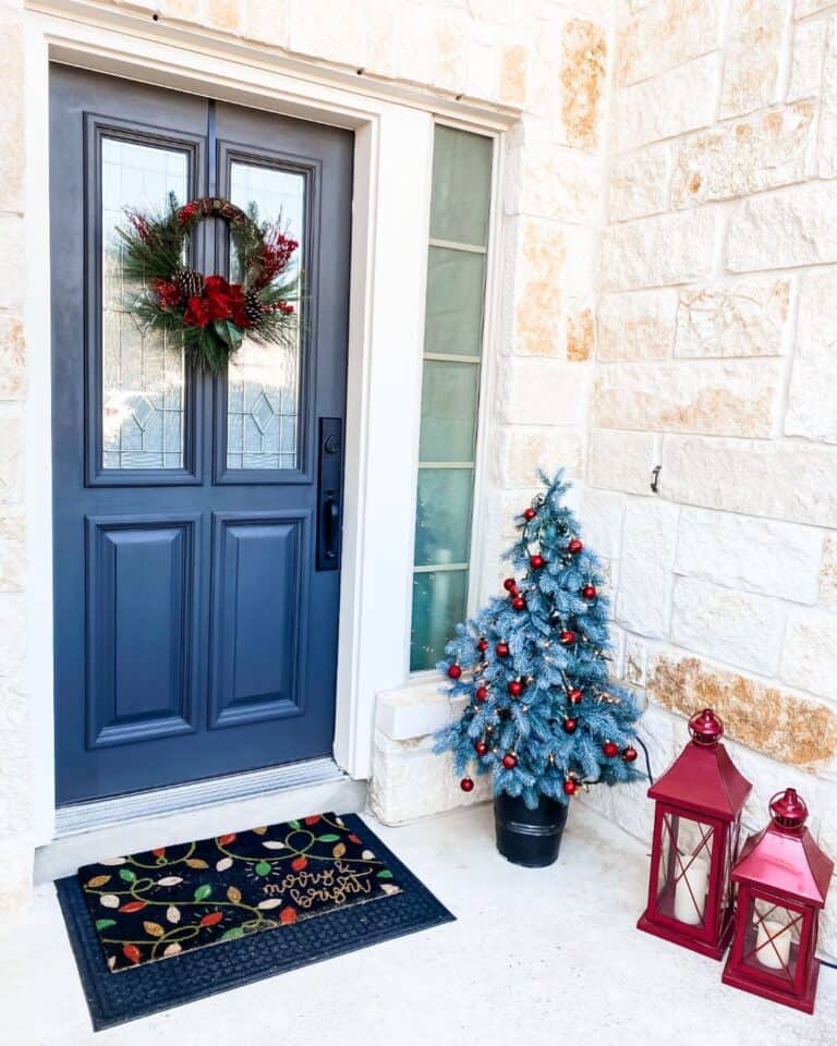 Navy Blue Front Door on Festive Porch