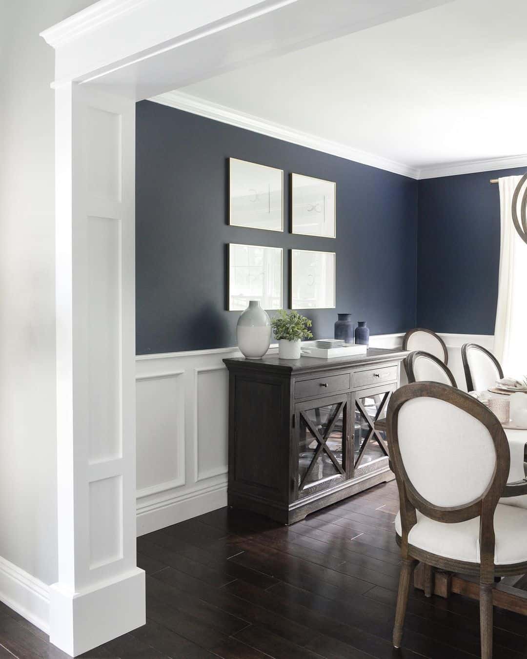 Navy Walls With White Dining Room Wainscoting Soul Lane decor-pillows-ideas-cabinets-matttroy