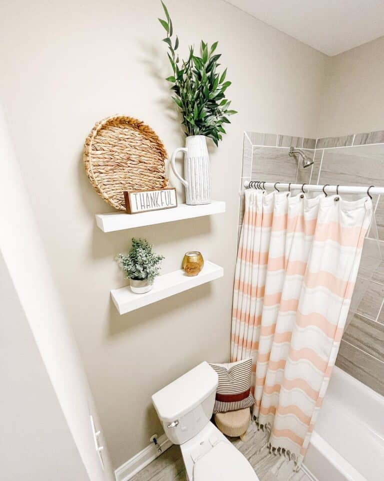 Neutral Bathroom with Peach Shower Curtain