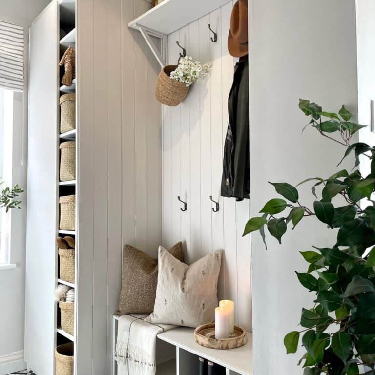 Neutral Décor on White Mudroom Bench
