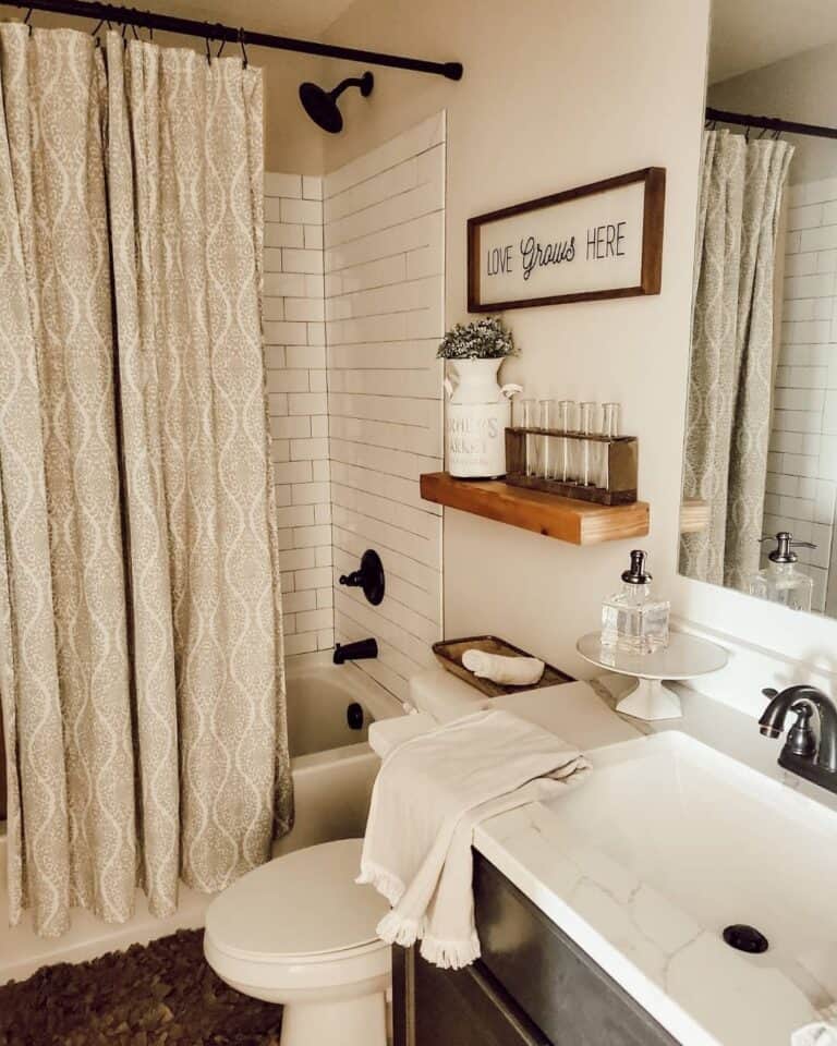 Neutral Shower Curtain in Farmhouse Décor Bathroom