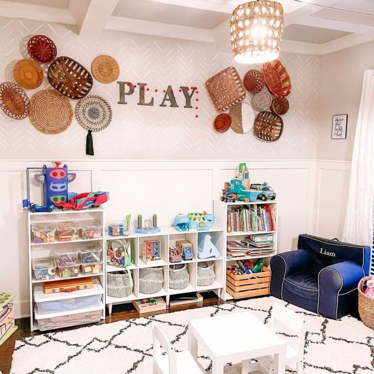 Neutral Walls in Playroom with Shelves