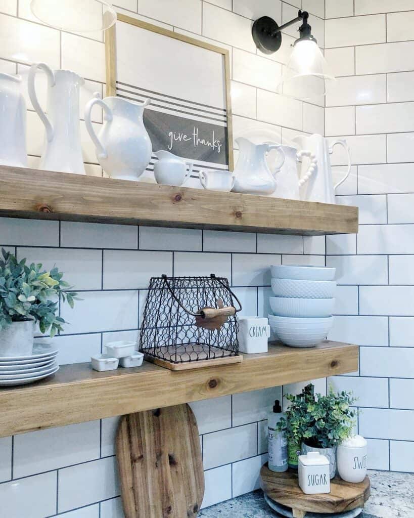 Oak Floating Shelves on White Subway Tile