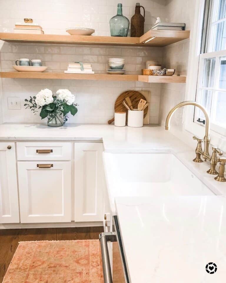 Oak Floating Shelves on White Subway Tile Backsplash Soul & Lane